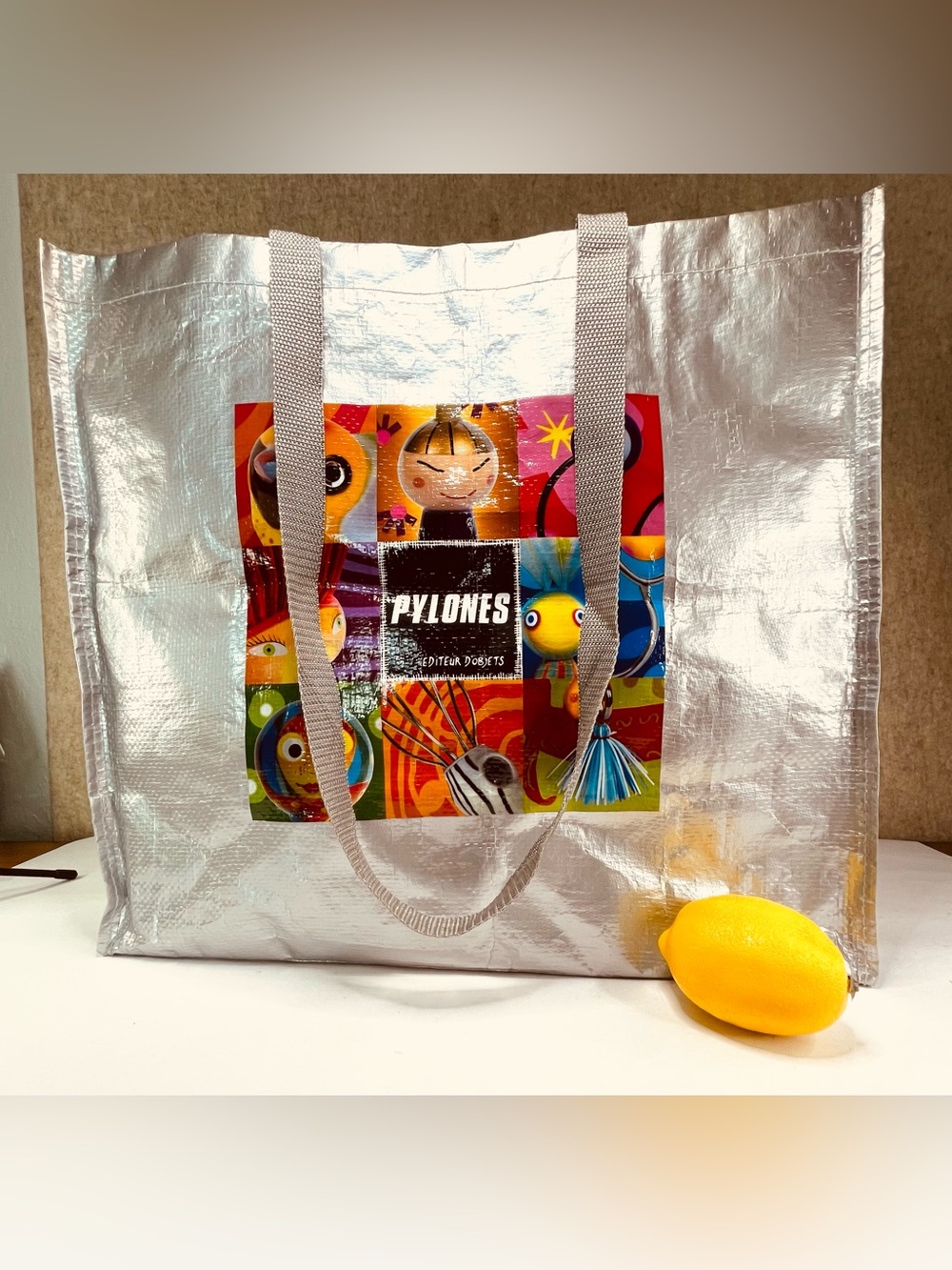 PYLONES French Logo Shopping Bag Tote Oversize Shopper Long Handles Silver 18in